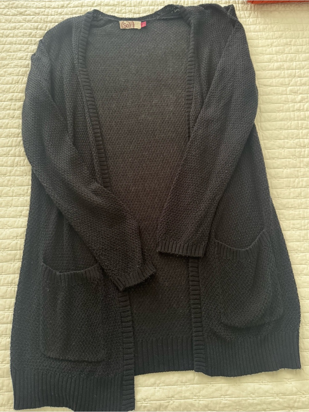 SO Black Open-Front Textured Knit Cardigan with Pockets